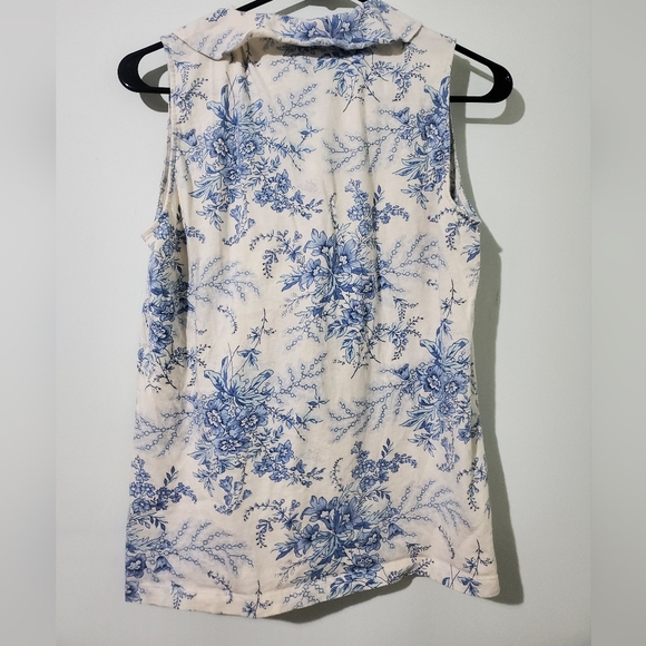 Vintage Ralph Lauren Blue Floral Toile Ruffle Blouse Cottagecore Sleeveless L - Picture 3 of 6
